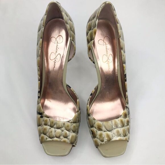 Jessica Simpson JOSETTE Green Reptile Print Leather Open Toe Pimp Heels - Picture 3 of 16